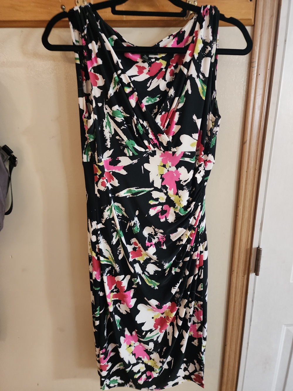 Polo by Ralph Lauren Black Floral Draped Midi Dress with Pink & Green LADIES 10